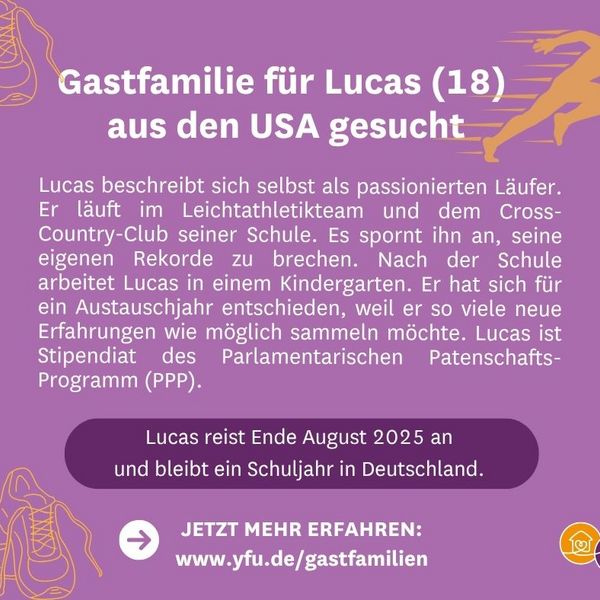 Mit Hobby Laufen: Für US-Austauschschüler (18) Gastfamilie ab Sommer gesucht!