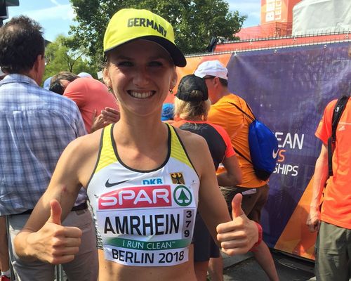 Fabienne Königstein (geb. Amrhein) im Nationaltrikot bei den Leichtathletik-Europameisterschaften 2018 in Berlin.