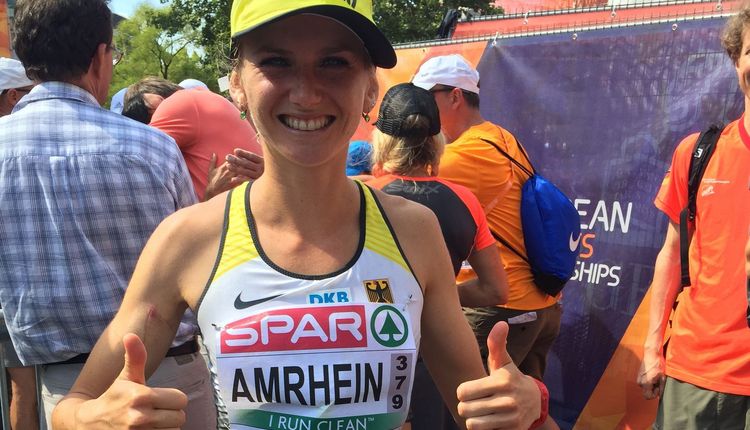 Fabienne Königstein (geb. Amrhein) im Nationaltrikot bei den Leichtathletik-Europameisterschaften 2018 in Berlin.